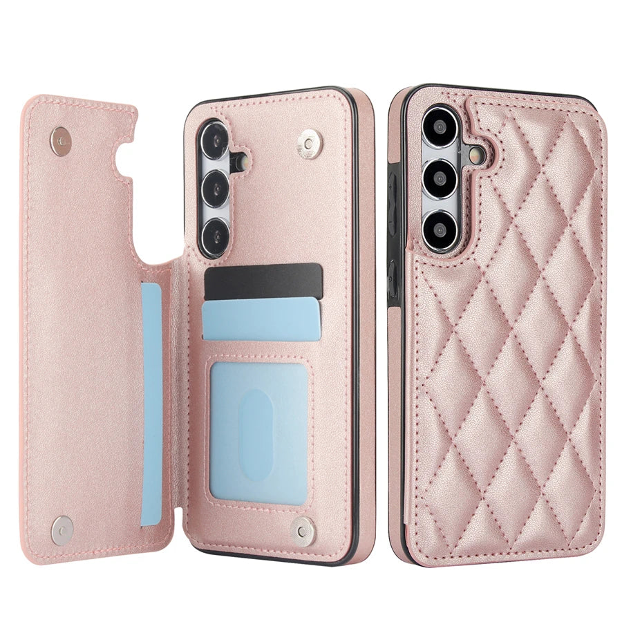 Rose gold quilted leather card holder wallet case for Samsung Galaxy A51 and A50, open card slot and closed back views