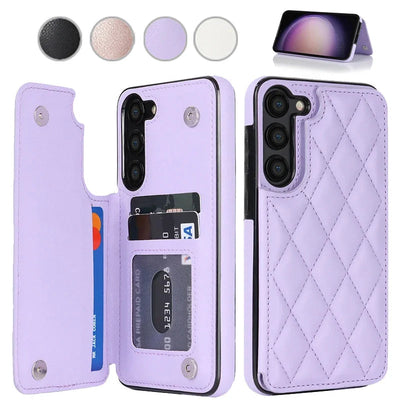 Violet quilted leather card holder wallet case with kickstand for Samsung Galaxy A51 and A50, single open view