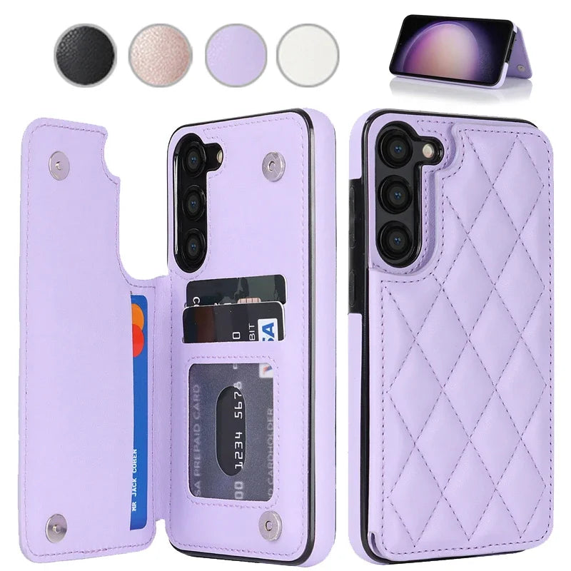 Violet quilted leather card holder wallet case with kickstand for Samsung Galaxy A51 and A50, single open view