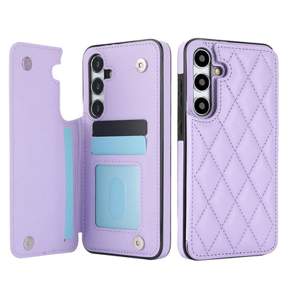 Violet quilted leather card holder wallet case for Samsung Galaxy A51 and A50, open card slot and closed back views