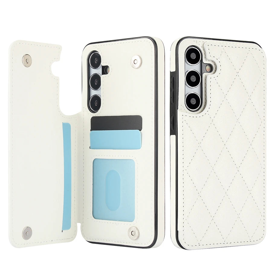 White quilted leather card holder wallet case for Samsung Galaxy A51 and A50, open card slot and closed back views