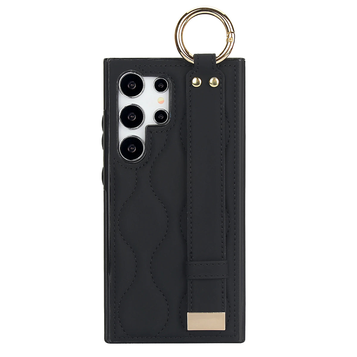 Black quilted leather wristband case with metal ring for Samsung Galaxy S26, S25, S24, S23 and S22, single rear view