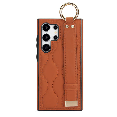 Brown quilted leather wristband case with metal ring for Samsung Galaxy S26, S25, S24, S23 and S22, single rear view
