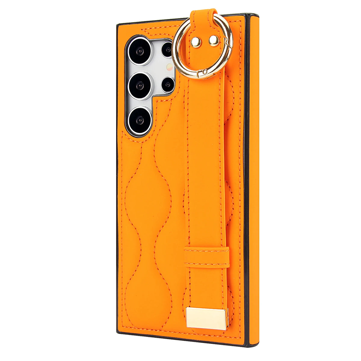 Angled rear view of the orange quilted leather wristband case with gold metal ring for Samsung Galaxy S series