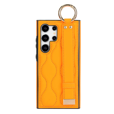 Orange quilted leather wristband case with metal ring for Samsung Galaxy S26, S25, S24, S23 and S22, single rear view