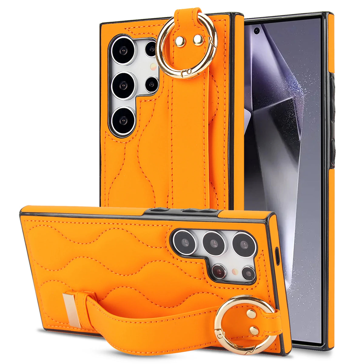 Orange quilted leather wristband and ring kickstand case for Samsung Galaxy S26, S25 and S24, front, back and stand views