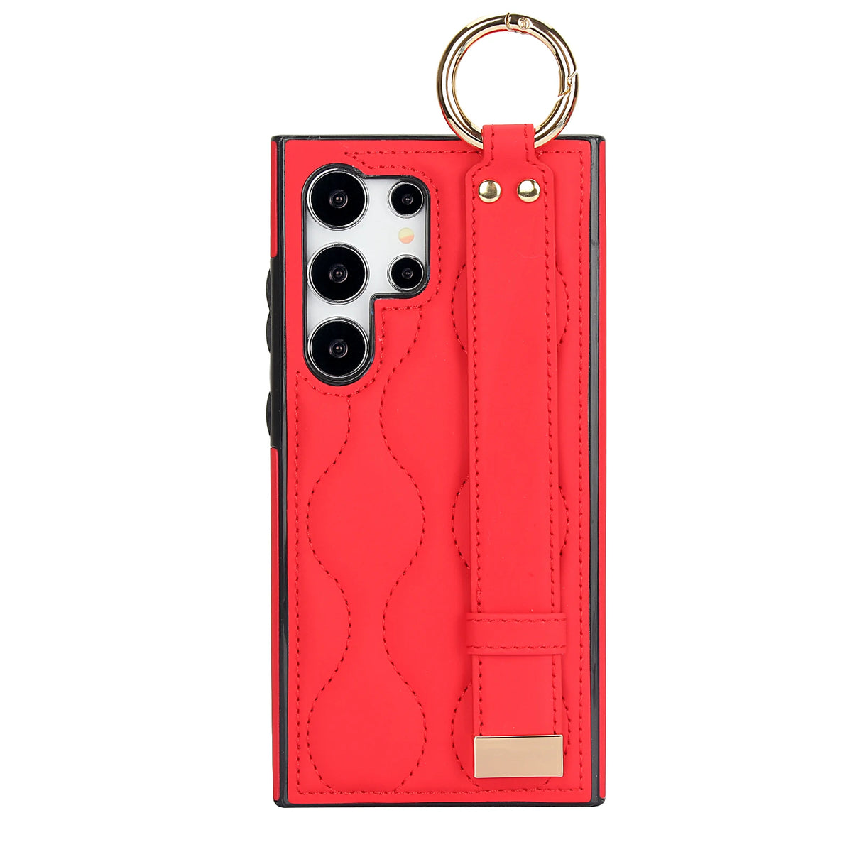 Red quilted leather wristband case with metal ring for Samsung Galaxy S26, S25, S24, S23 and S22, single rear view