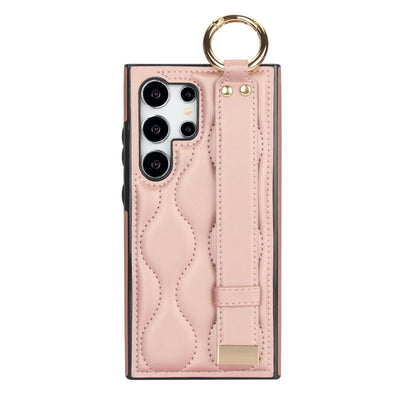Rose gold quilted leather wristband case with metal ring for Samsung Galaxy S26, S25, S24, S23 and S22, single rear view
