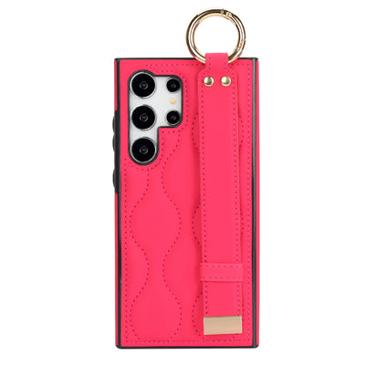 Rose red quilted leather wristband case with metal ring for Samsung Galaxy S26, S25, S24, S23 and S22, single rear view