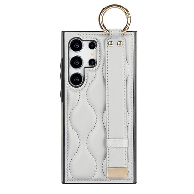 Silver quilted leather wristband case with metal ring for Samsung Galaxy S26, S25, S24, S23 and S22, single rear view