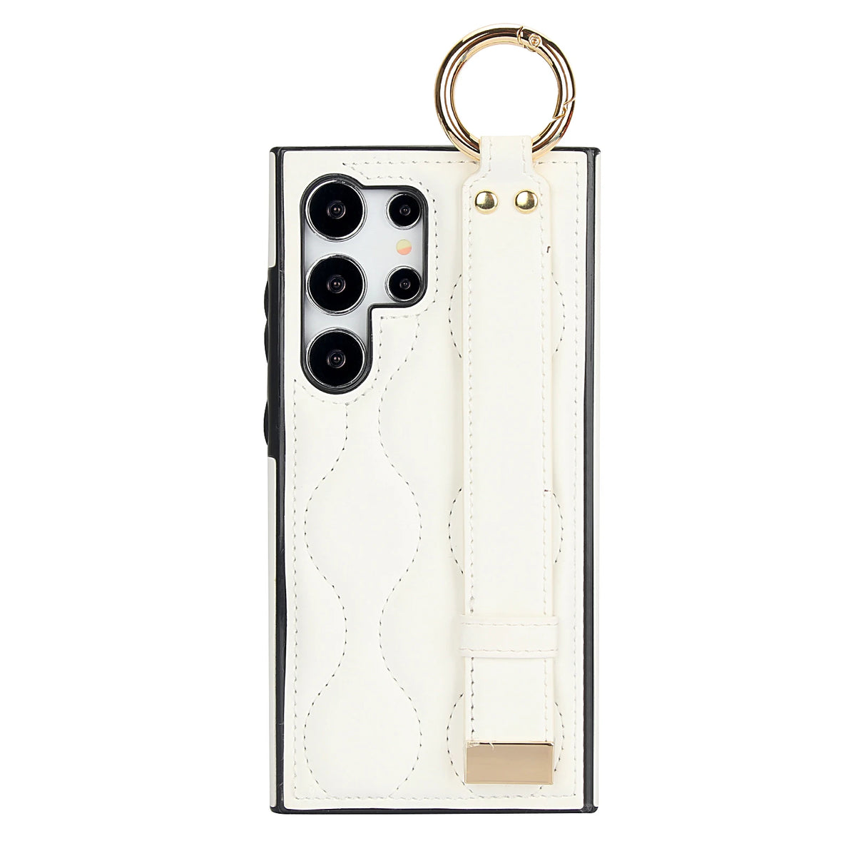 White quilted leather wristband case with metal ring for Samsung Galaxy S26, S25, S24, S23 and S22, single rear view