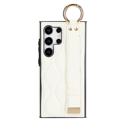 White quilted leather wristband case with metal ring for Samsung Galaxy S26, S25, S24, S23 and S22, single rear view