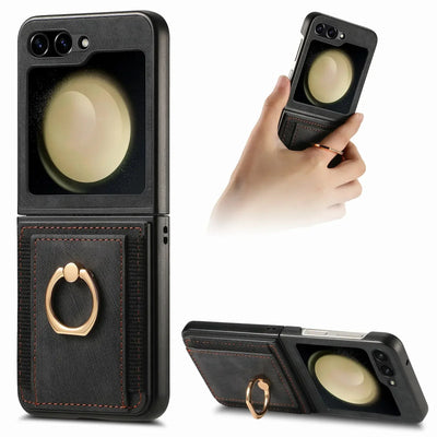 Black Galaxy Z Flip ring stand wallet case, held by the ring and standing as a kickstand