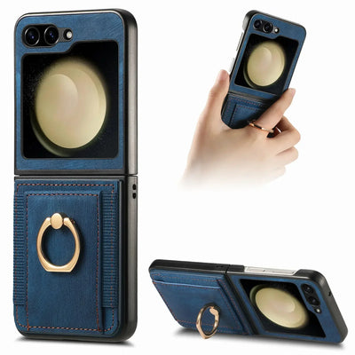 Blue Galaxy Z Flip ring stand wallet case, held by the ring and standing as a kickstand