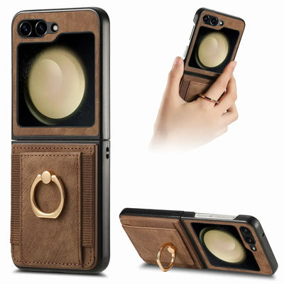 Brown Galaxy Z Flip ring stand wallet case, held by the ring and standing as a kickstand