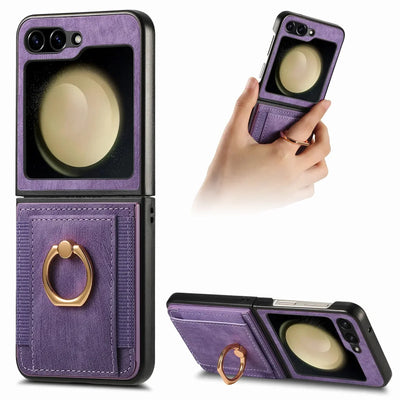 Purple Galaxy Z Flip ring stand wallet case, held by the ring and standing as a kickstand