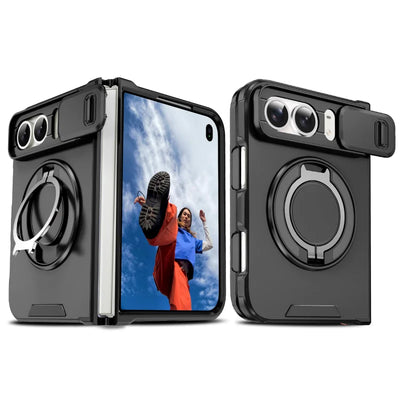 Black rugged armor case with sliding camera cover and magnetic ring stand for iPhone Duo, unfolded and back views