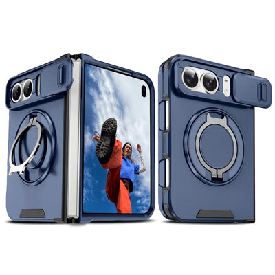 Blue rugged armor case with sliding camera cover and magnetic ring stand for iPhone Duo, unfolded and back views