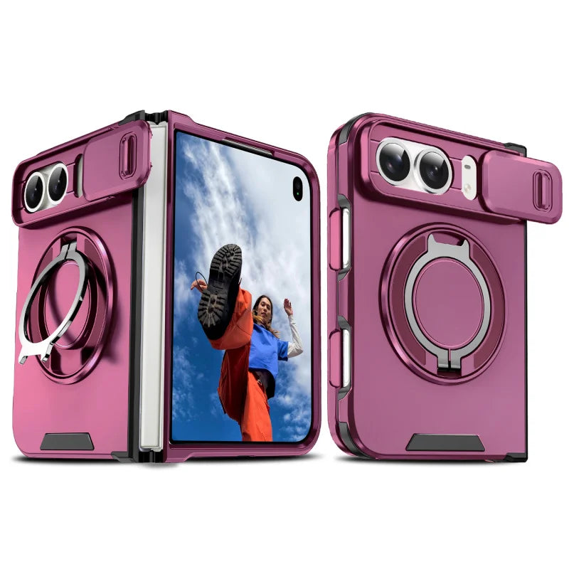 Cherry red rugged armor case with sliding camera cover and magnetic ring stand for iPhone Duo, unfolded and back views