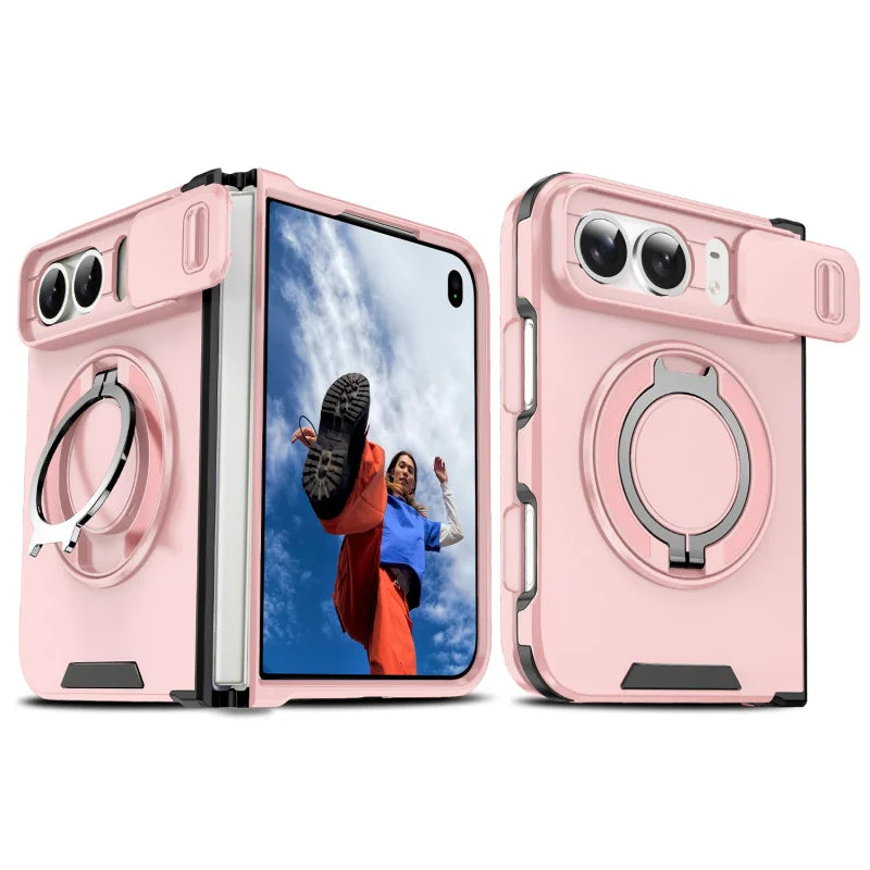 Pink rugged armor case with sliding camera cover and magnetic ring stand for iPhone Duo, unfolded and back views