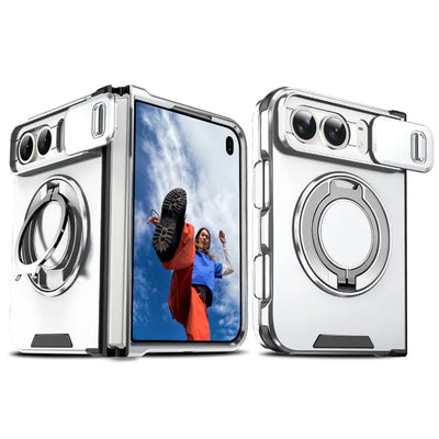 Silver rugged armor case with sliding camera cover and magnetic ring stand for iPhone Duo, unfolded and back views