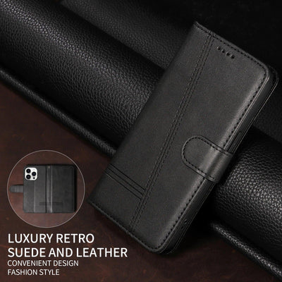 Black stitched magnetic wallet case for Google Pixel, closed front view