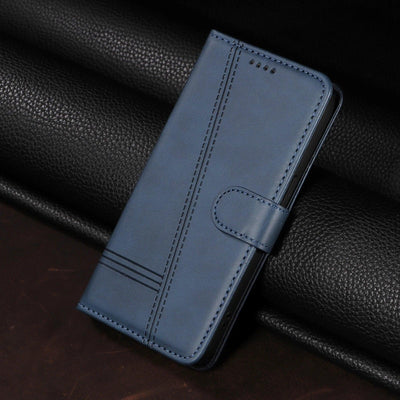 Blue stitched magnetic wallet case for Google Pixel, closed front view