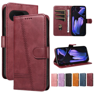 Wine red stitched magnetic wallet case for Google Pixel, front, open and stand views with 6 color options