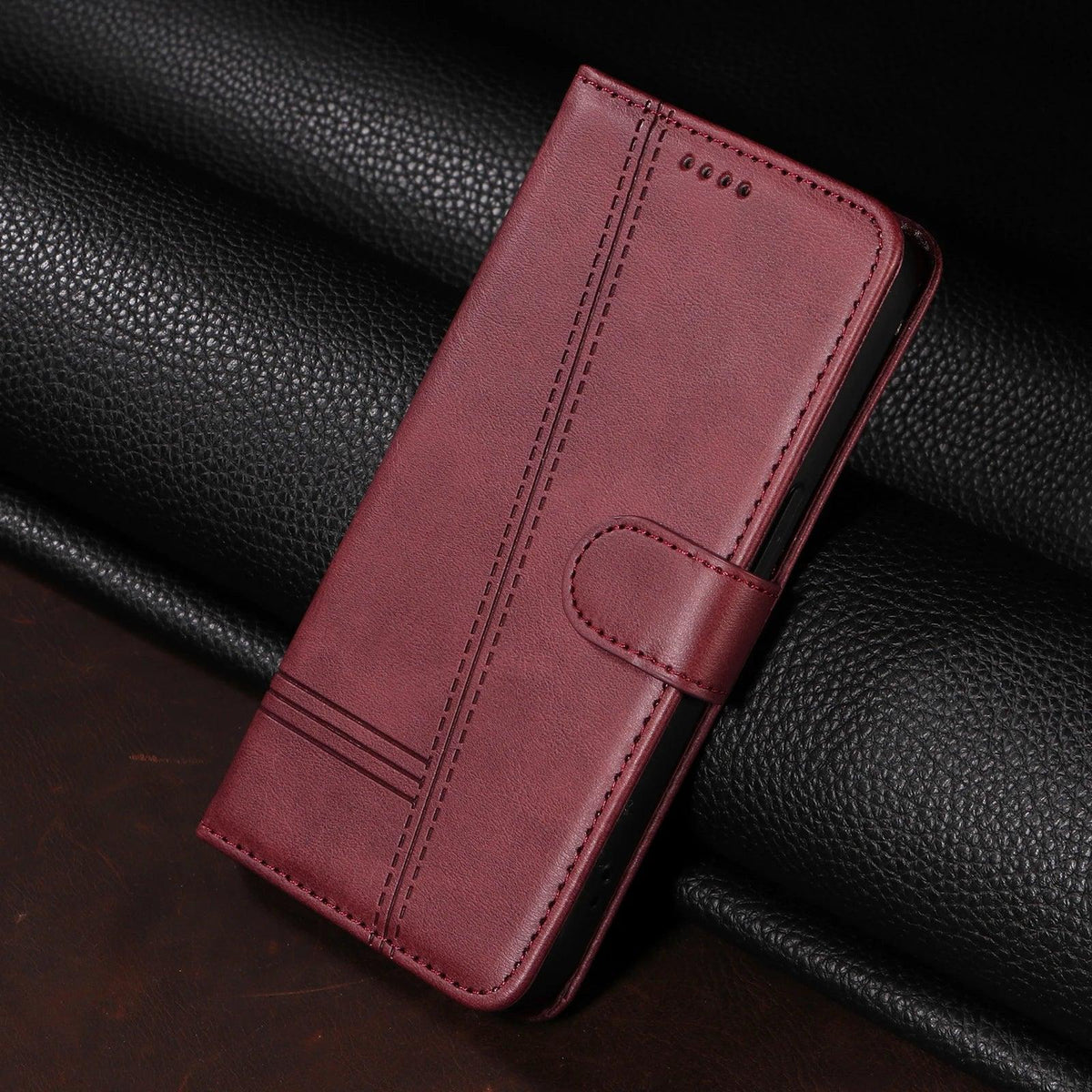 Wine red stitched magnetic wallet case for Google Pixel, closed front view