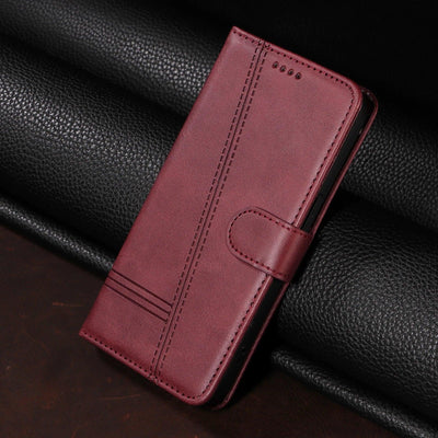 Wine red stitched magnetic wallet case for Google Pixel, closed front view