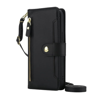 Black zipper tri-fold crossbody leather wallet case for Samsung Galaxy A series with wristlet and shoulder strap