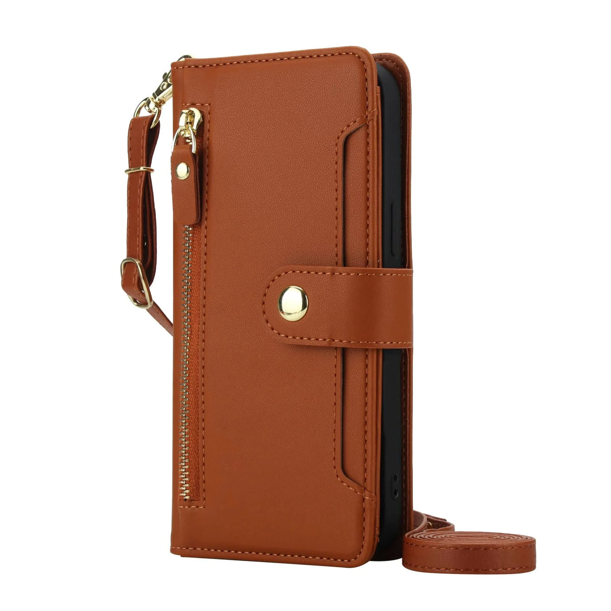 Brown zipper tri-fold crossbody leather wallet case for Samsung Galaxy A series with wristlet and shoulder strap