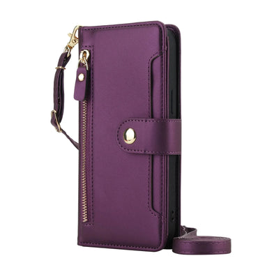 Dark purple zipper tri-fold crossbody leather wallet case for Samsung Galaxy A series with wristlet and shoulder strap