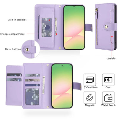 Tri-fold interior diagram of the Galaxy A series wallet case showing 7 card slots, cash pocket and magnetic snap button