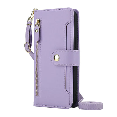 Light purple zipper tri-fold crossbody leather wallet case for Samsung Galaxy A42 and A51 4G with wrist and shoulder straps