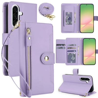 Light purple Galaxy A series zipper tri-fold crossbody wallet case showing front, back, open interior and strap views