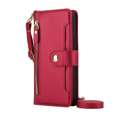 Red zipper tri-fold crossbody leather wallet case for Samsung Galaxy A series with wristlet and shoulder strap
