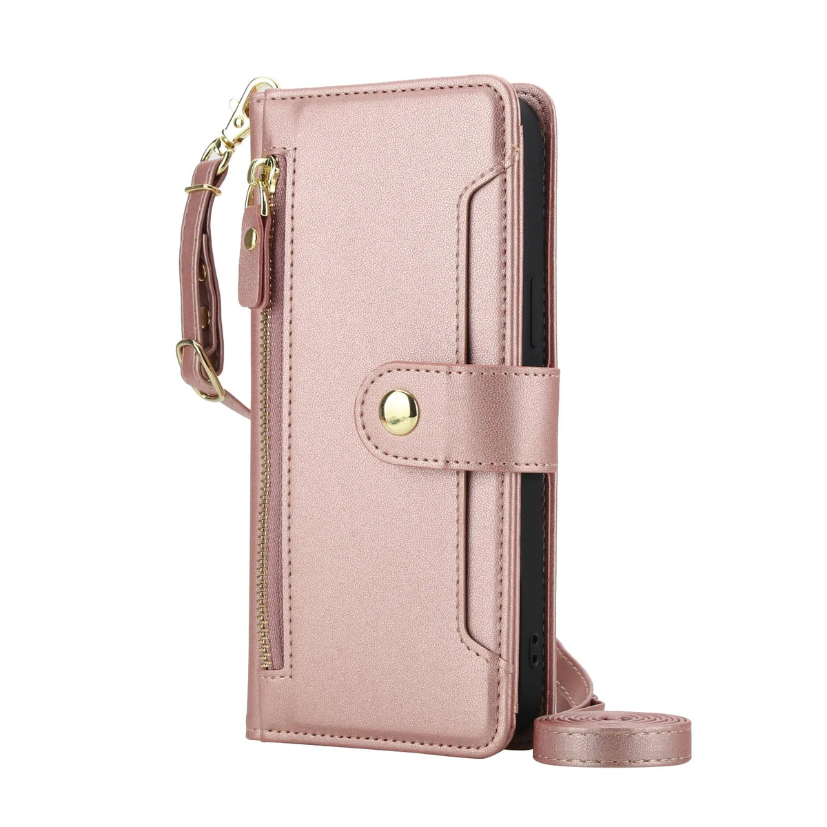 Rose gold zipper tri-fold crossbody leather wallet case for Samsung Galaxy A series with wristlet and shoulder strap