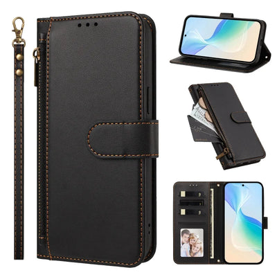 Black Galaxy A zipper wallet case with wrist strap, front, stand and card slot views