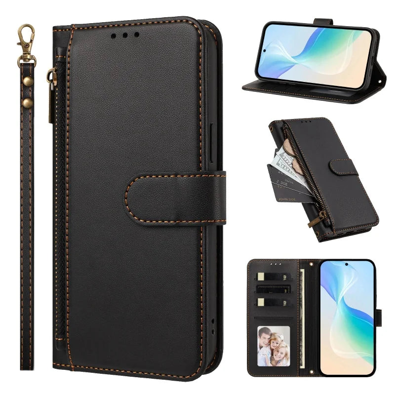 Black Galaxy A zipper wallet case with wrist strap, front, stand and card slot views