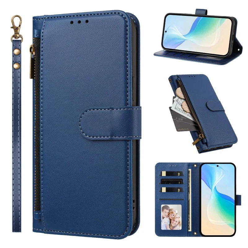 Blue Galaxy A zipper wallet case with wrist strap, front, stand and card slot views