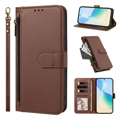 Brown Galaxy A zipper wallet case with wrist strap, front, stand and card slot views