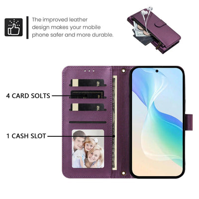 Inside of the violet Galaxy A zipper wallet case with 4 card slots, a cash slot and a photo window
