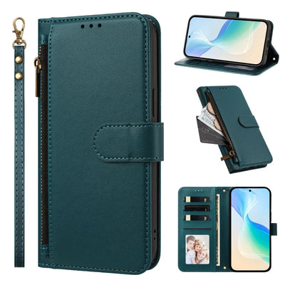 Dark green Galaxy A zipper wallet case with wrist strap, front, stand and card slot views