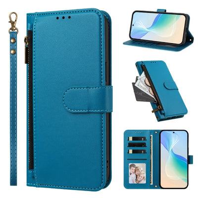 Lagoon blue Galaxy A zipper wallet case with wrist strap, front, stand and card slot views