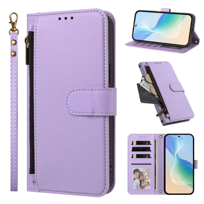 Light purple Galaxy A zipper wallet case with wrist strap, front, stand and card slot views