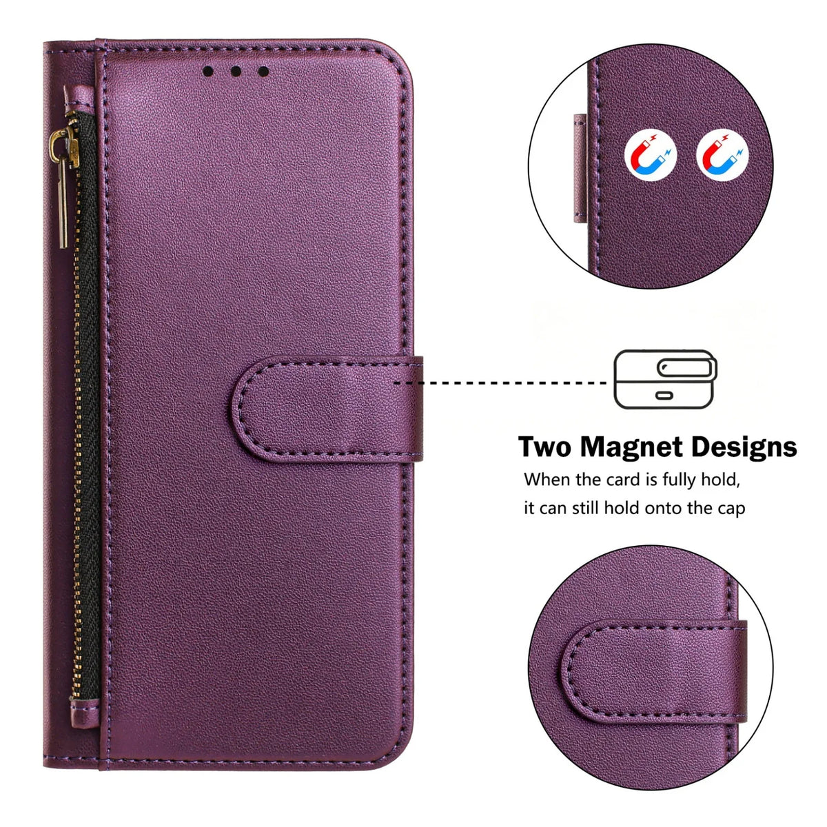 Magnetic clasp and zipper pocket detail on the violet Galaxy A wallet case
