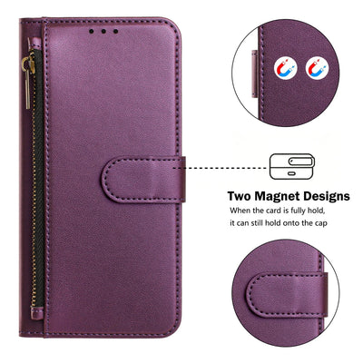 Magnetic clasp and zipper pocket detail on the violet Galaxy A wallet case
