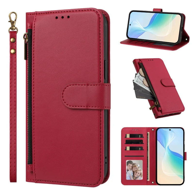 Red Galaxy A zipper wallet case with wrist strap, front, stand and card slot views