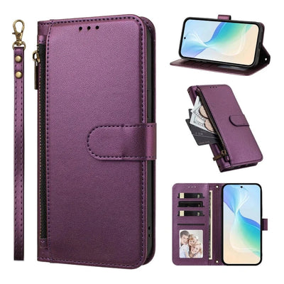 Violet zipper leather wallet case with wrist strap for Samsung Galaxy A series, front, open and card slot views